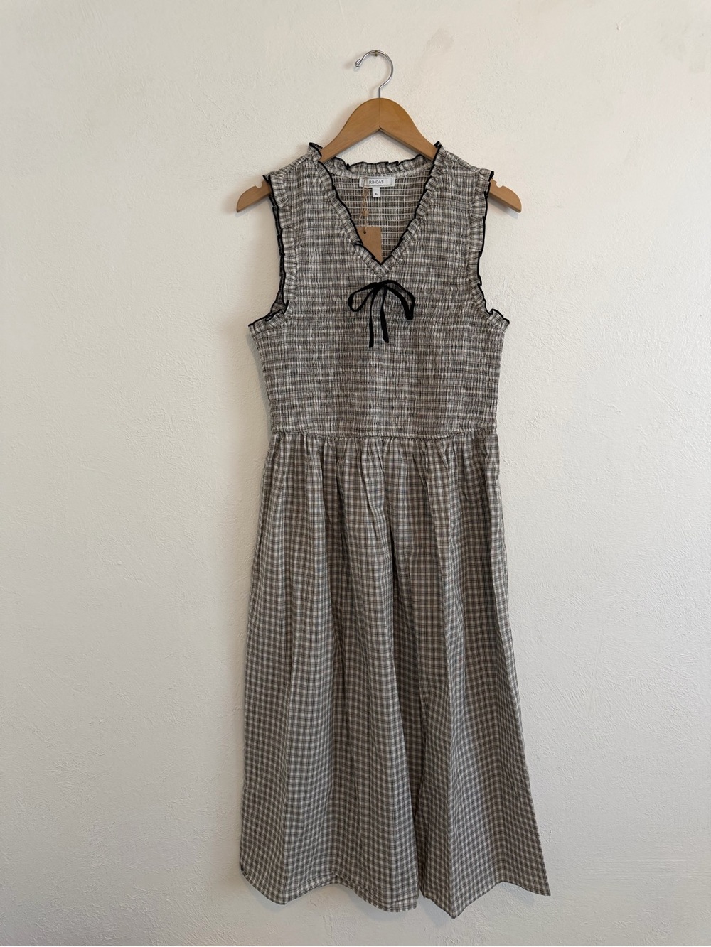 RIHOAS Black V Neck Plaid Midi Dress Smocked Gingham Bow NWTS XL - Picture 2 of 8